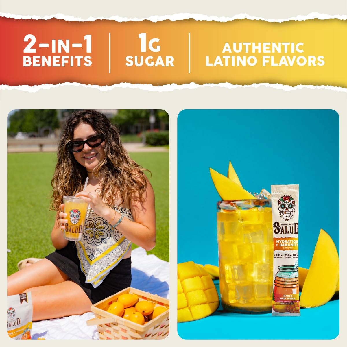 Salud 2-in-1 Hydration Packets + Immunity Electrolytes Powder, Mango - Agua Fresca Drink Mix, Elderberry, Dairy & Soy Free, Non-GMO, Gluten Free