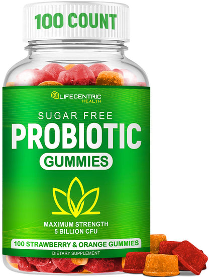 Probiotic Gummies for Adults and Kids Max Strength 5 Billion CFU - Organic Sugar Free Gummies for Digestive Health - 100 Count Vegan Gluten Free Chewable Probiotics