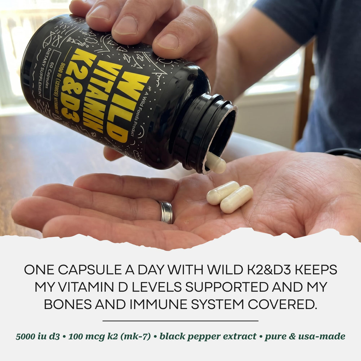 Wild Foods 5000iu Vitamin D3 + K2 - (100mcg Mk7) with Black Pepper Extract, Plant-Based, Non-GMO, Soy & Gluten-Free - Dietary Supplement - Made in USA - 60 Capsules