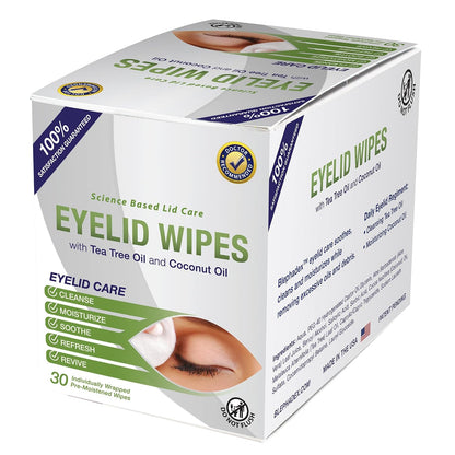Lunovus Premium Eyelid Wipes With Tea Tree and Coconut Oil - Cleansing Wipes for People Itchy Eyes - Individually Wrapped - Box Of 30 Natural Eye Wipes
