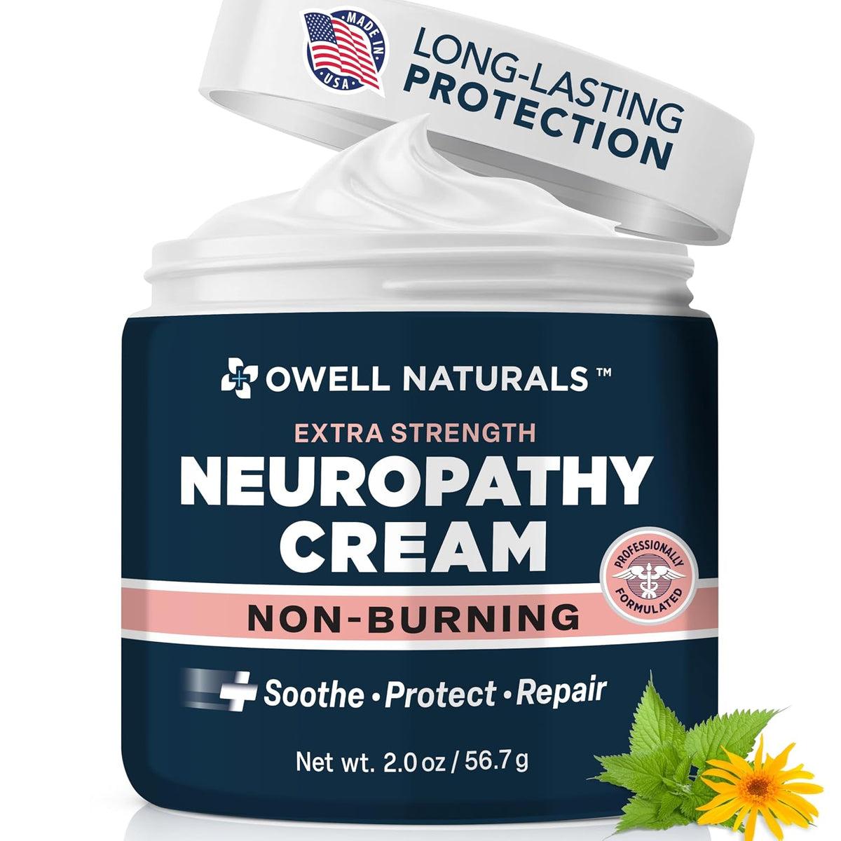 Owell Naturals Neuropathy Cream - Extra Strength Fast-Acting Comfort for Feet, Hands & Legs - Non-Burning Soothing Formula with Arnica - Cooling Skin Relief Cream, 2 oz