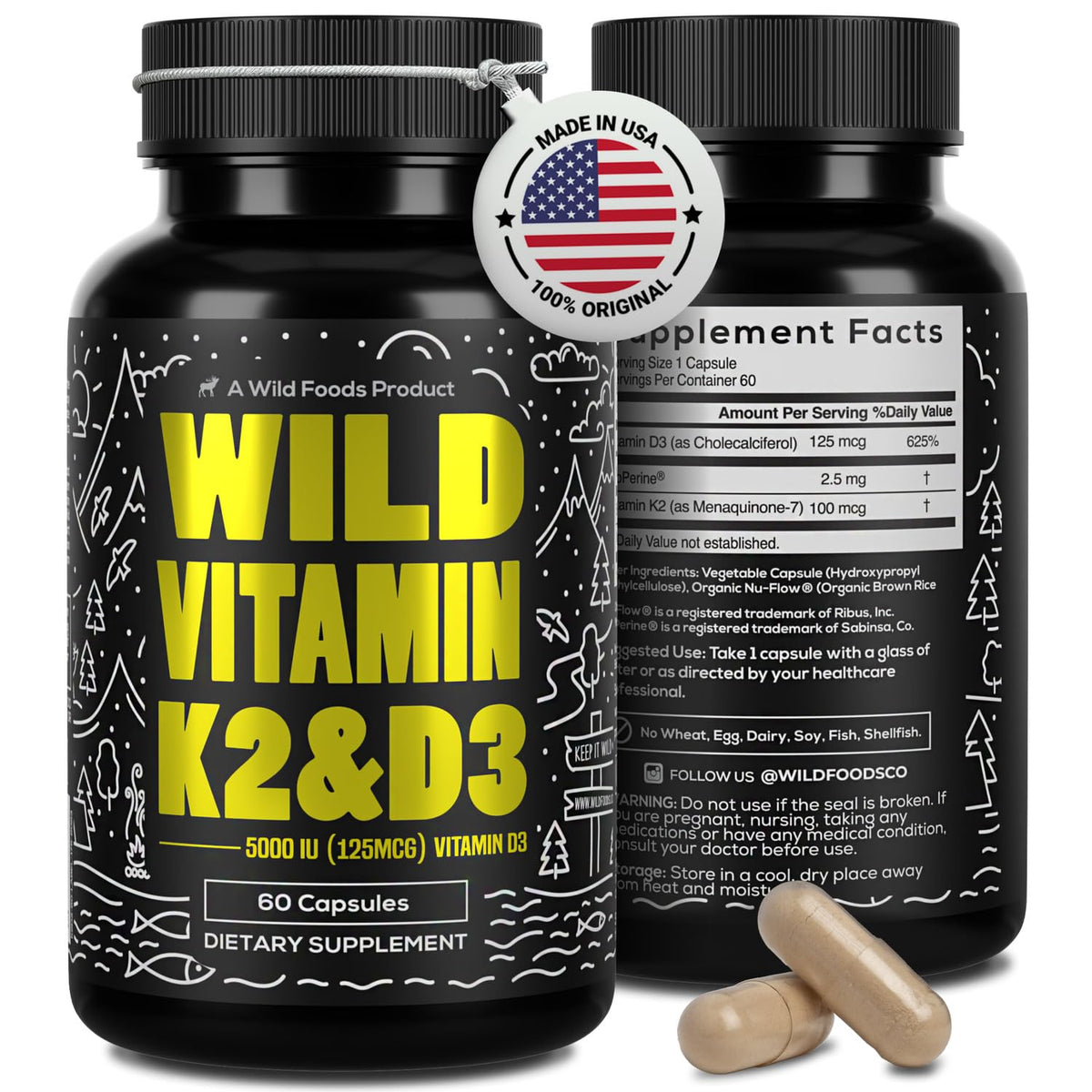 Wild Foods 5000iu Vitamin D3 + K2 - (100mcg Mk7) with Black Pepper Extract, Plant-Based, Non-GMO, Soy & Gluten-Free - Dietary Supplement - Made in USA - 60 Capsules