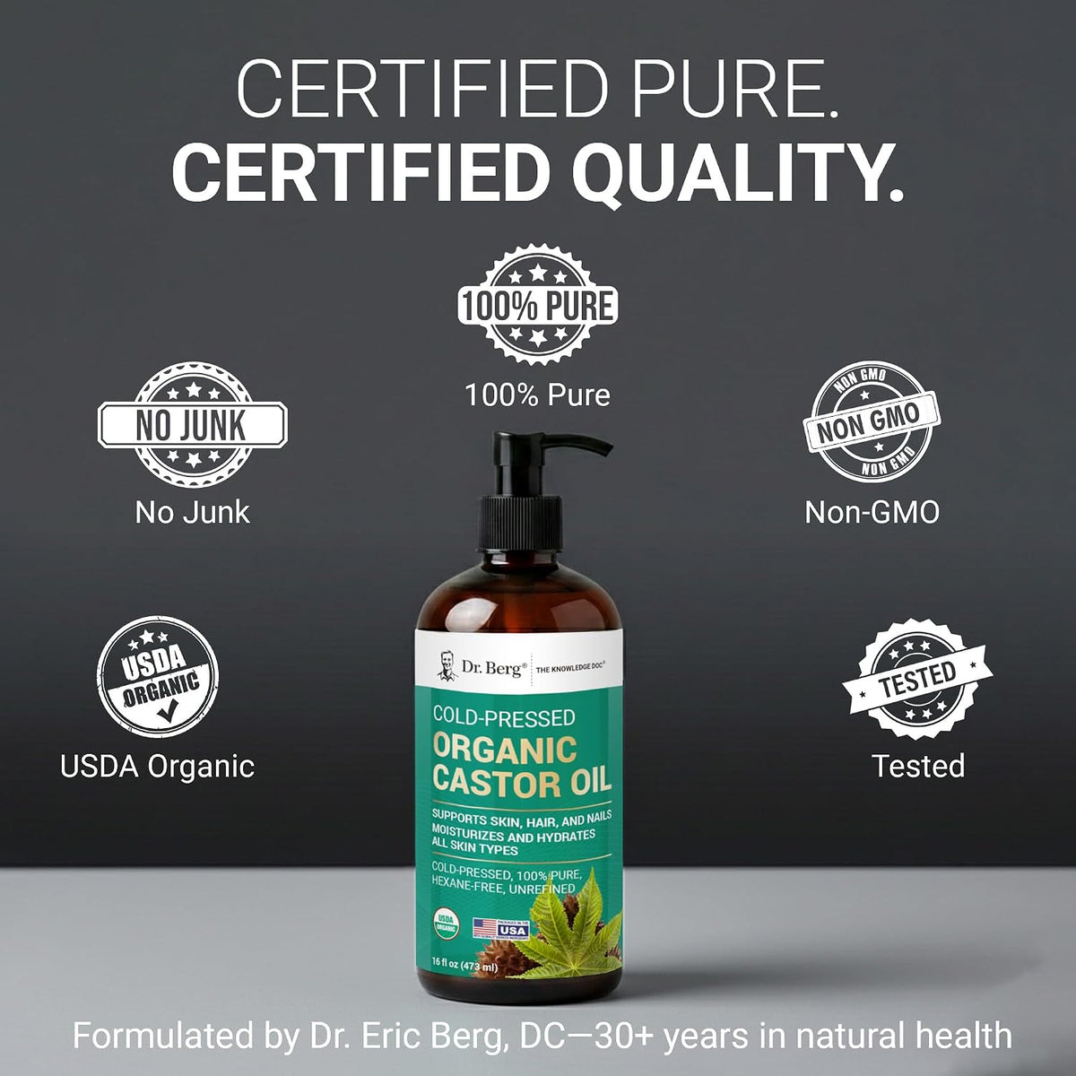 Dr. Berg Organic Castor Oil - 16 fl oz Cold-Pressed Oil - Pure, Unrefined, Single Ingredient - Sourced in India, Bottled in USA - Lab Tested, USDA Organic, Glass Bottle