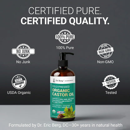 Dr. Berg Organic Castor Oil - 16 fl oz Cold-Pressed Oil - Pure, Unrefined, Single Ingredient - Sourced in India, Bottled in USA - Lab Tested, USDA Organic, Glass Bottle