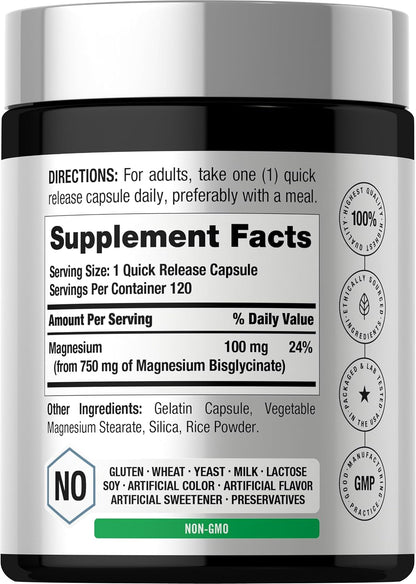 Horbäach Magnesium Bisglycinate - 120 Capsules - 750mg - Non-GMO and Gluten Free Supplement