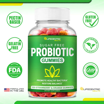 Probiotic Gummies for Adults and Kids Max Strength 5 Billion CFU - Organic Sugar Free Gummies for Digestive Health - 100 Count Vegan Gluten Free Chewable Probiotics