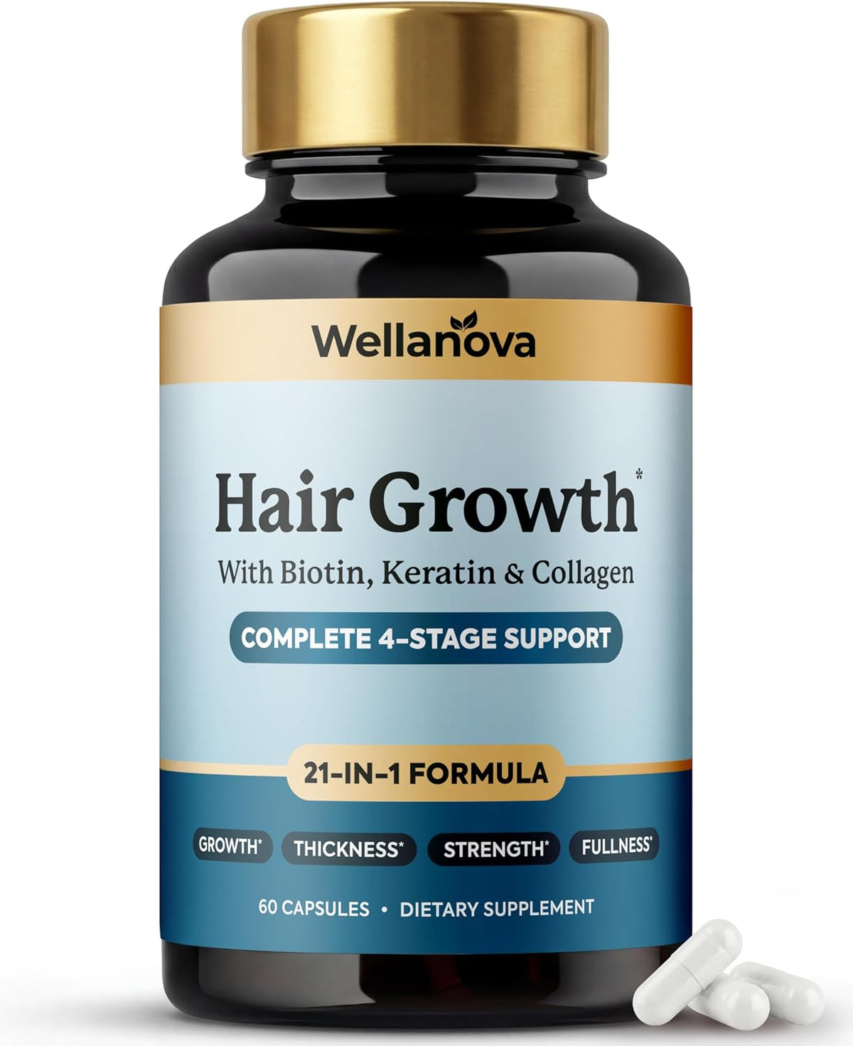 Women's Hair Growth Supplement - Biotin 10,000mcg - 21-in-1 Hair Vitamins - Keratin, Collagen & Ashwagandha, 21-in-1 Hair Vitamins For Women & Men, Thickness, Strength & Fullness, 60 Capsules