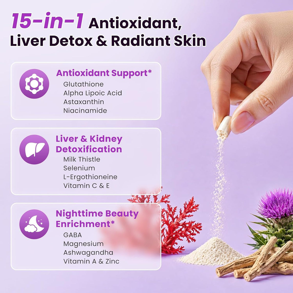 Liposomal Glutathione 1158mg with Astaxanthin for Skin Health 60 Vegan CT - 15-in-1 with Milk Thistle, Alpha Lipoic Acid, Antioxidant Complex for Nighttime Skin Radiance, Cellular Health & Liver Detox