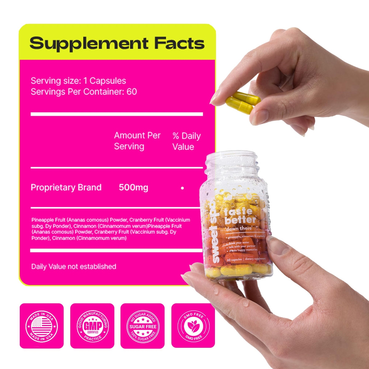 Sweet Spot - Pineapple & Cranberry Vaginal Health Supplement, 60 Capsules - Freshens Taste, Promotes Feminine Balance