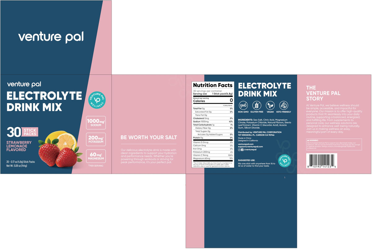 Venture Pal High Sodium Sugar Free Electrolytes Powder Packets, 16 Count - Hydration Packets with Sodium, Magnesium & Potassium, Vitamins, Zero Calories, Vegan, Keto & Paleo Friendly