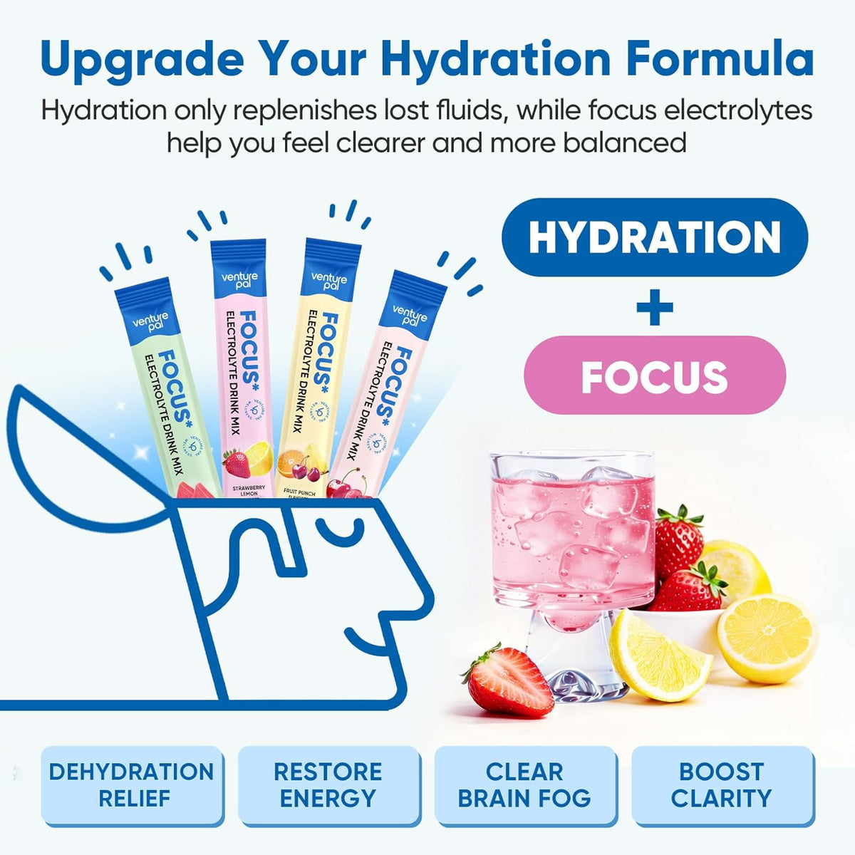 Venture Pal 2-in-1 Hydration Electrolytes Bundle - Focus & Immune Support Powder Packets, 7 Electrolytes, Vitamins, Magnesium, Lion’s Mane, L-Theanine, Elderberry, Sugar Free Drink Mix, 32 Sticks