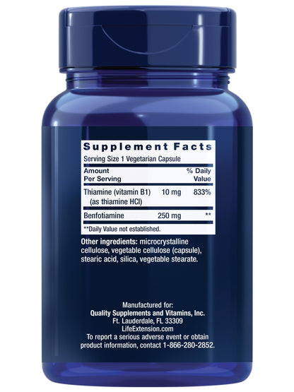 Life Extension Mega Benfotiamine 250 mg, 180 Vegetarian Capsules - 250 mg of benfotiamine and 10 mg of thiamine (vitamin B1) per capsule. Non-GMO, Gluten Free, Vegetarian.