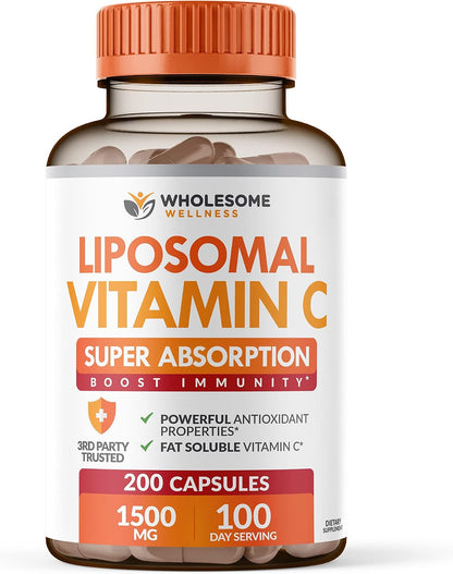 Wholesome Wellness Liposomal Vitamin C Capsules (200 Pills 1500mg Buffered) High Absorption + Food Multivitamin for Men - Natural Multi Vitamins, Minerals, Organic Extracts Bundle