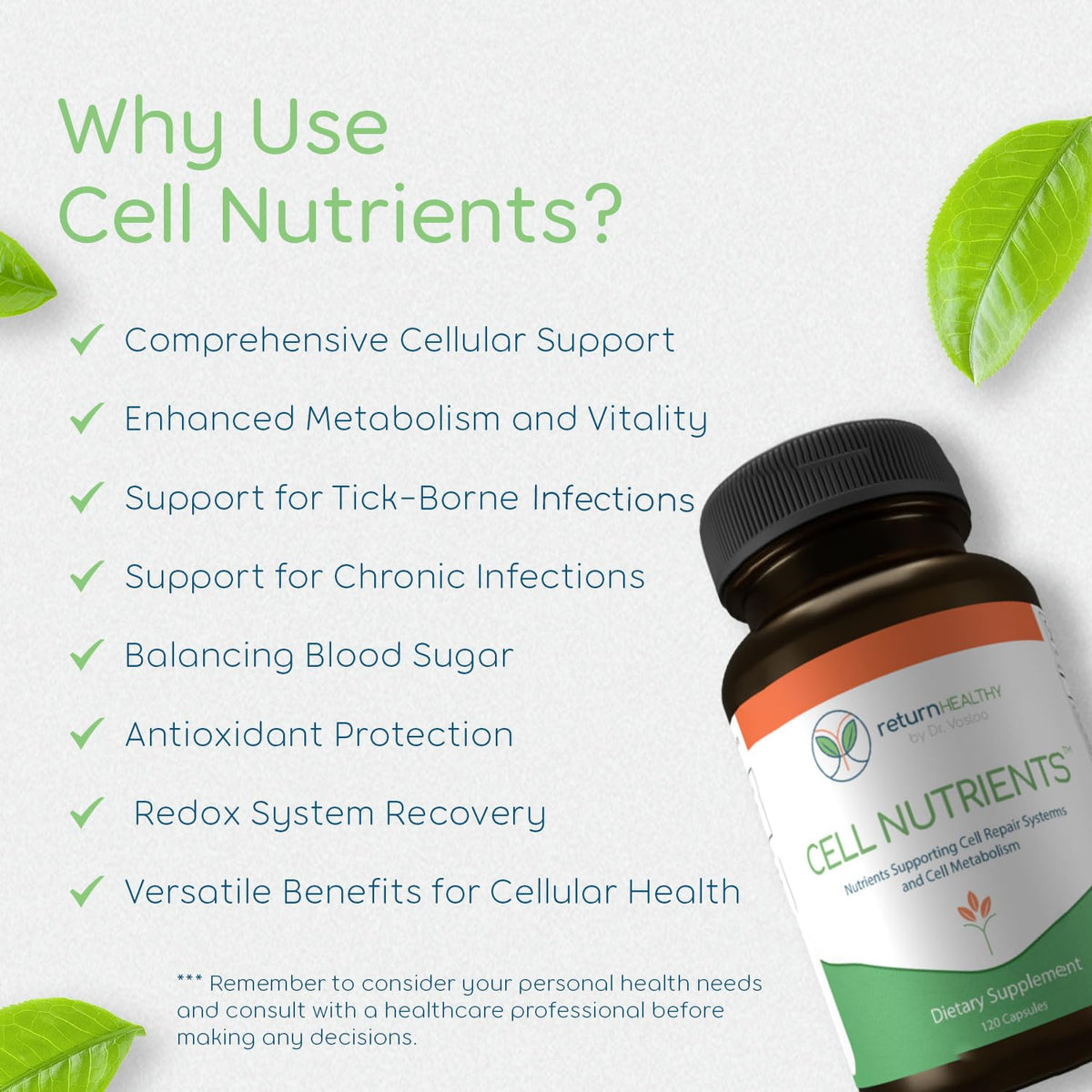 Return Healthy Cell Nutrients - Promotes Cell and Membrane Repair & Cell Metabolism - Helps Fight Tick-Borne Infections & More - Mitochondrial Supplements - Non-GMO, Vegan, 120 caps