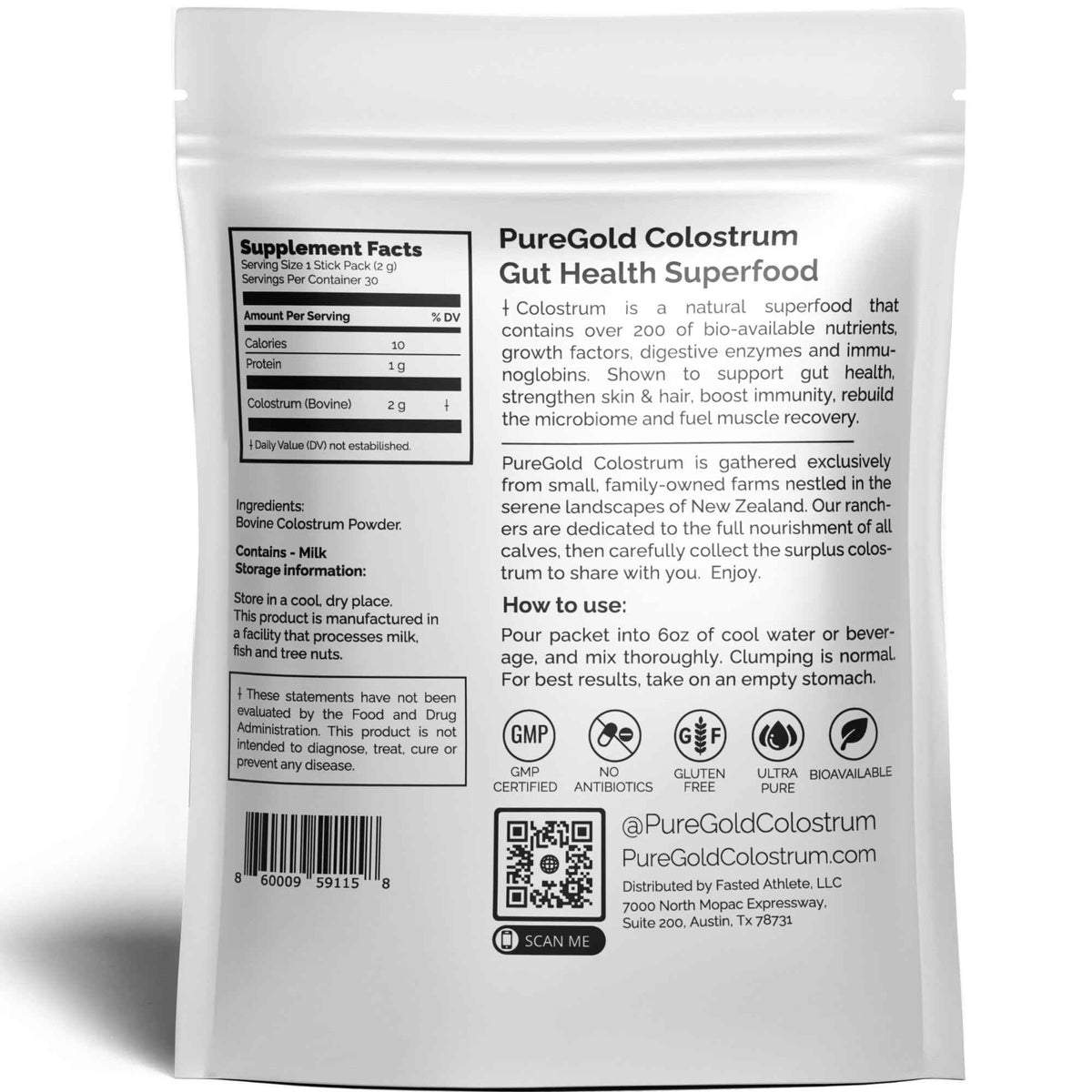PureGold - Bovine Colostrum Powder - 100% Pure New Zealand Grass Fed, Supports Gut Health, Skin, Hair, & Immunity - Colostrum Supplement, Unflavored, 30 Travel Packets