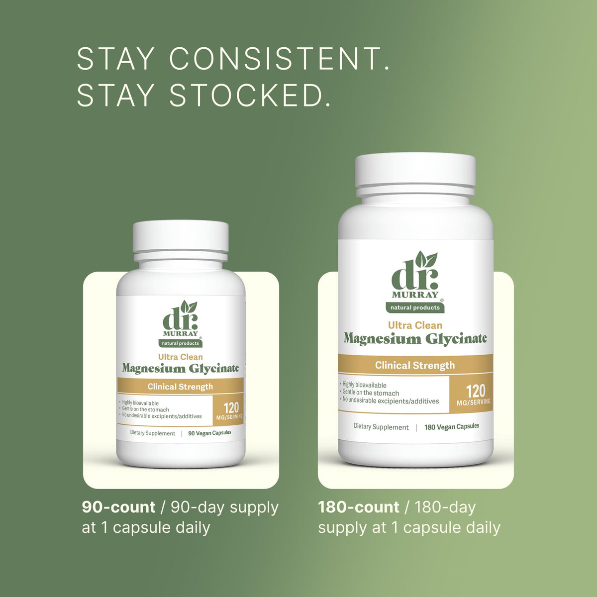 Dr. Murray's Ultra Clean Magnesium Glycinate - Supports Sleep, Relaxation, Heart & Muscle Function - Vegan - 120 mg - No Magnesium Stearate or Artificial Additives - 90 Capsules