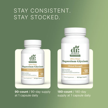Dr. Murray's Ultra Clean Magnesium Glycinate - Supports Sleep, Relaxation, Heart & Muscle Function - Vegan - 120 mg - No Magnesium Stearate or Artificial Additives - 90 Capsules