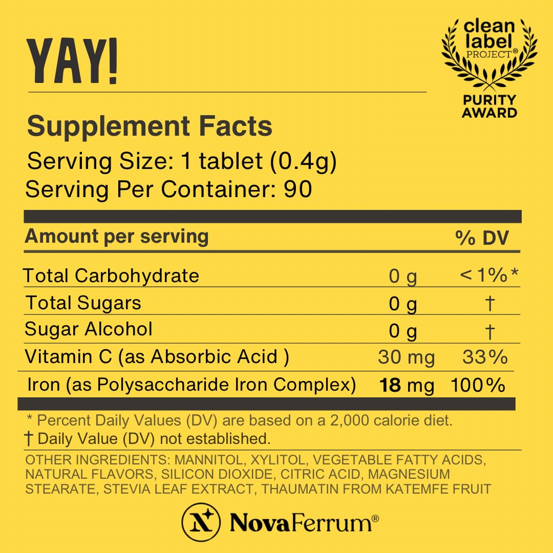 NovaFerrum Yay - Chewable Iron Supplement for Kids & Adults Ages 4 and Over - 18mg of Iron - 90 Servings - Sugar Free