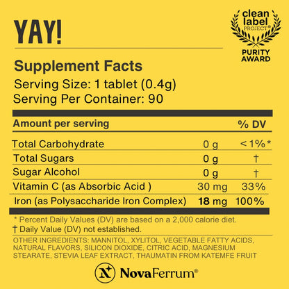 NovaFerrum Yay - Chewable Iron Supplement for Kids & Adults Ages 4 and Over - 18mg of Iron - 90 Servings - Sugar Free