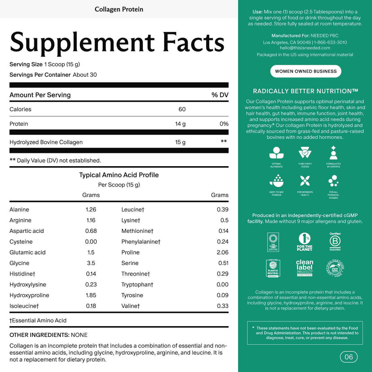 Needed. Hydrolyzed Collagen Protein Powder - Expert-Backed & Clean Sourced - Supports Skin, Hair, Joints - Grass-fed, Pasture-Raised, Hormone-Free - 1lb