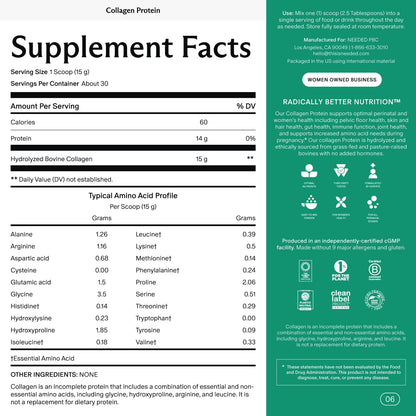 Needed. Hydrolyzed Collagen Protein Powder - Expert-Backed & Clean Sourced - Supports Skin, Hair, Joints - Grass-fed, Pasture-Raised, Hormone-Free - 1lb