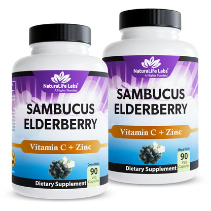 NaturaLife Labs Sambucus Elderberry Capsules - with Vitamin C & Zinc - Immune Support Supplement - 90 Vegan Capsules - Non-GMO & Gluten-Free