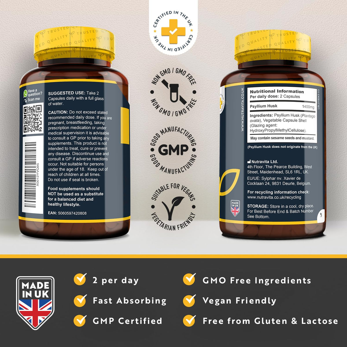 Psyllium Husks Fibre Supplement - 1400mg per Serving - Naturally High in Soluble Fibre