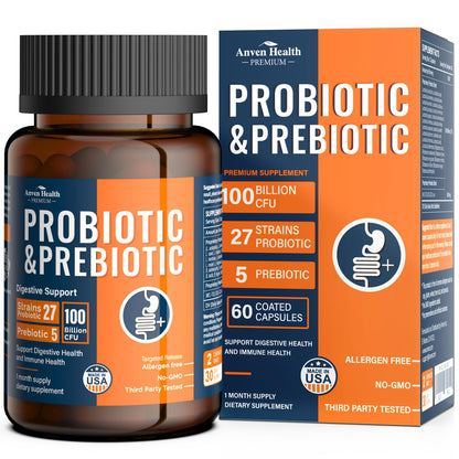 Anven Health 100 Billion Probiotics for Men and Women 27 Strains 5 Organic Prebiotics for Gut Digestive & Immune Health, Supports Diarrhea Gas Bloating