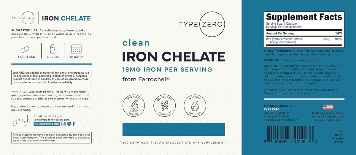 Type Zero Iron Chelate (18mg) 240 Capsules, Gluten-Free, GMO-Free - From Ferrochel Ferrous Bisglycinate Chelate