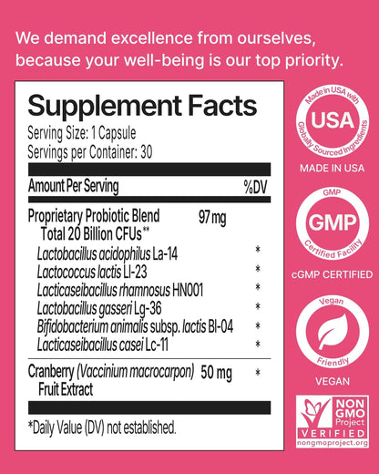 Vaginal Health Probiotics - 20B CFU with Cranberry - 30 CT - pH Balance, Yeast, Odor Control Supplement - 6 Authentic Strains with Natural Cranberry for Urinary & Gut Health