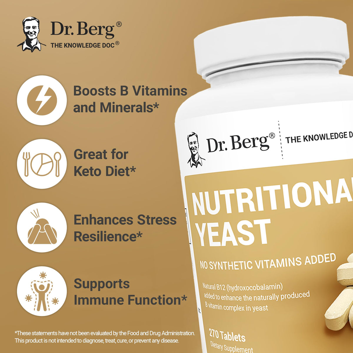 Dr. Berg Nutritionals Yeast Tablets - Natural B12 Added - All 8 B Vitamin Complex - Organic Vanilla Flavor - 270 Vegan Tablets Dietary Supplements
