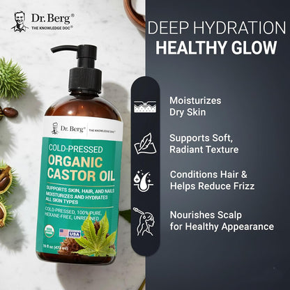 Dr. Berg Organic Castor Oil - 16 fl oz Cold-Pressed Oil - Pure, Unrefined, Single Ingredient - Sourced in India, Bottled in USA - Lab Tested, USDA Organic, Glass Bottle