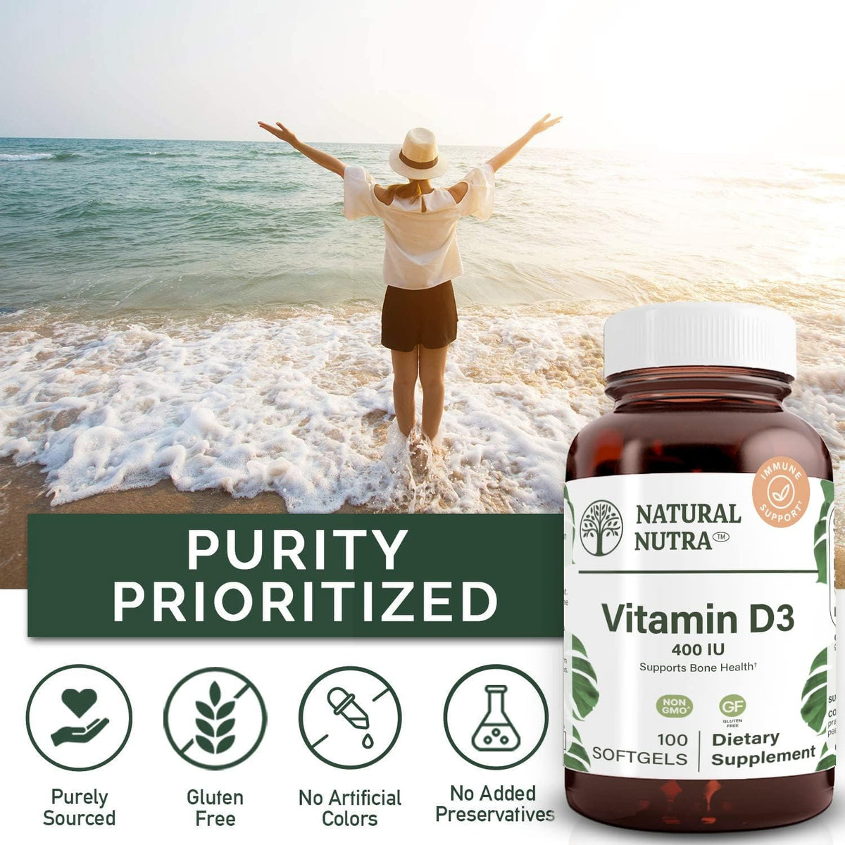 Natural Nutra Vitamin D3 400 IU Softgels, Gluten-Free Vitamin D, 100 Count - Supports Immune Function, Bone & Teeth Support, Cardiovascular Support