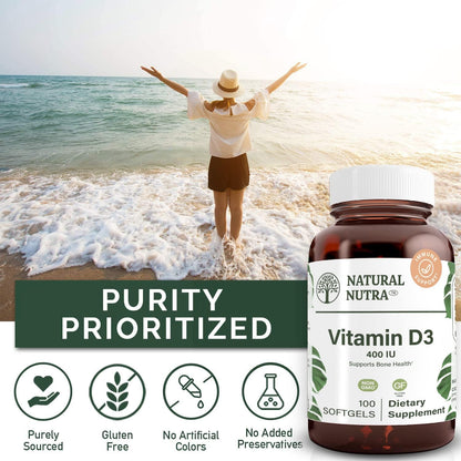 Natural Nutra Vitamin D3 400 IU Softgels, Gluten-Free Vitamin D, 100 Count - Supports Immune Function, Bone & Teeth Support, Cardiovascular Support
