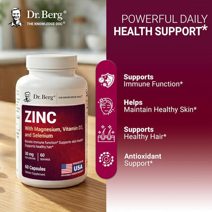 Dr. Berg Zinc 30 mg (60 Capsules) - High Potency 7-in-1 Immune Support Formula - Chelated Zinc with Vitamin D & Selenium for Healthy Skin, Hair & Daily Wellness - No Fillers, 4X Tested*