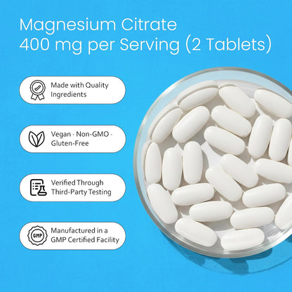 NaturaLife Labs Magnesium Citrate 400 mg per Serving - 120 Tablets, Vegan, Non-GMO
