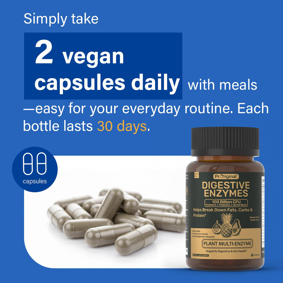 Digestive Enzymes Supplement with 100 Billion CFU Probiotic & Prebiotic - Multi-Enzyme Formula for Women & Men - Supports Digestive & Gut Health, Aids Protein, Carb & Dairy Digestion, 60 Caps