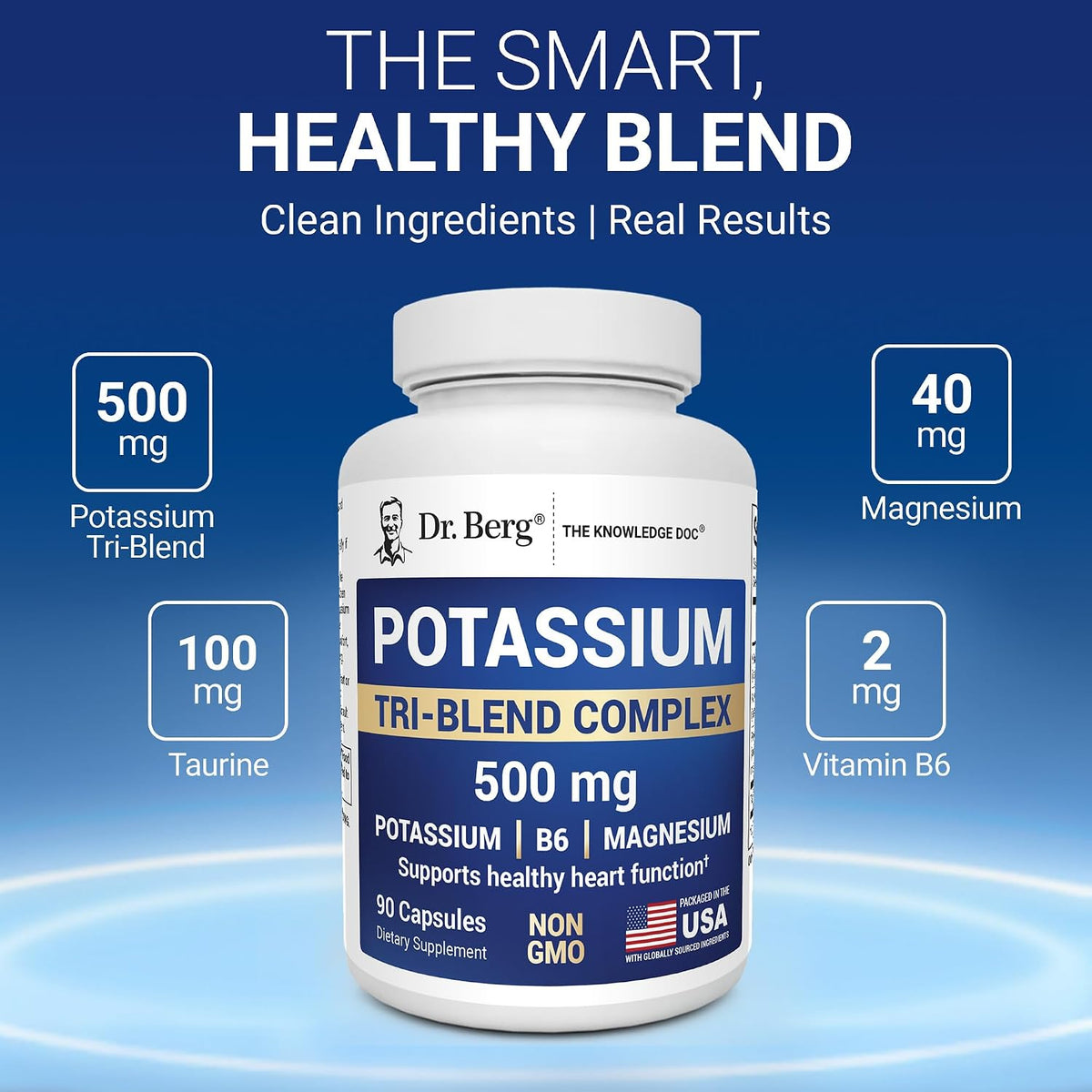 Dr. Berg Potassium Tri-Blend Complex - 500 mg Potassium Supplement for Muscle & Nerve Support* - Maximum Strength Potassium Formula w/Magnesium, B6 & Taurine - 90 Capsules