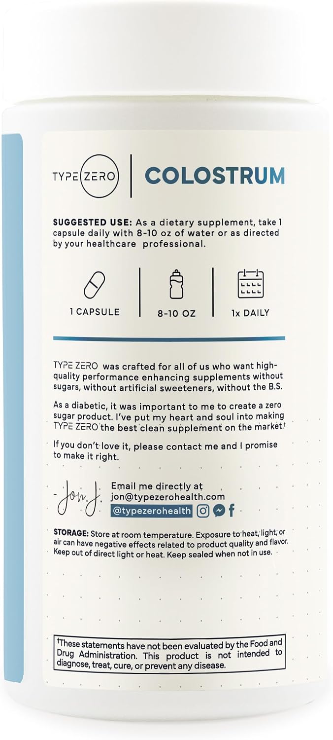 Type Zero Colostrum Supplement (500mg) 180 Capsules, Bovine Sourced - Gluten-Free, GMO-Free