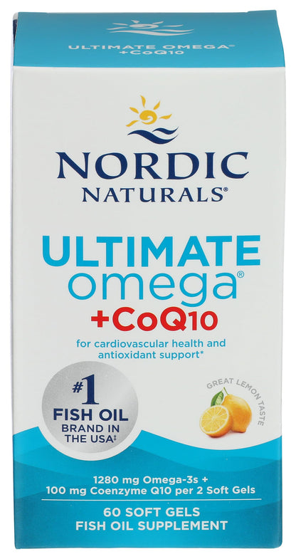 Nordic Naturals Ultimate Omega + CoQ10, Lemon Flavor - 120 Count - 1280mg Omega-3 + 100mg CoQ10 for heart health & cellular energy. Antioxidant. Non-GMO soft gels. 60 servings.