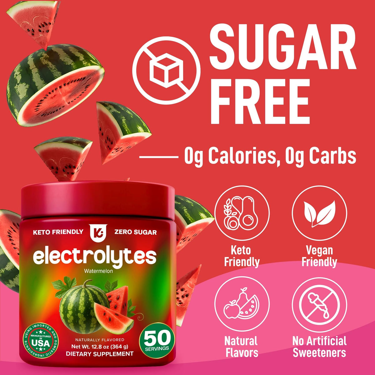 Keppi Electrolytes Powder - Watermelon Flavor - 50 Servings - Electrolytes Powder No Sugar for Hydration - Keto & Fasting Friendly Electrolyte Drink w/Magnesium