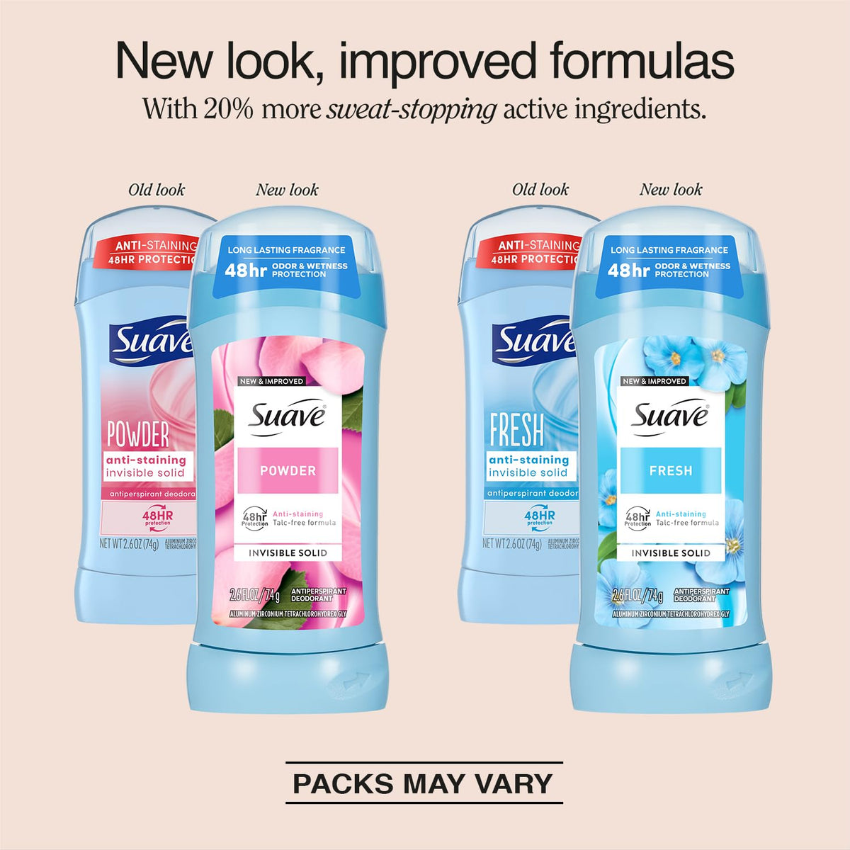 Suave Antiperspirant Deodorant for Women, Fresh & Powder Variety 2-Pack - Anti-Staining Invisible Solid Sticks, Talc-Free, 2.6 Oz Ea