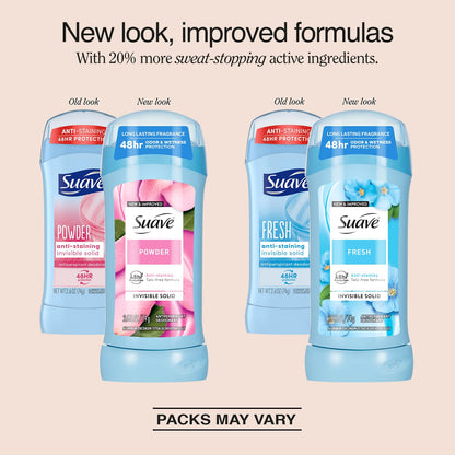 Suave Antiperspirant Deodorant for Women, Fresh & Powder Variety 2-Pack - Anti-Staining Invisible Solid Sticks, Talc-Free, 2.6 Oz Ea