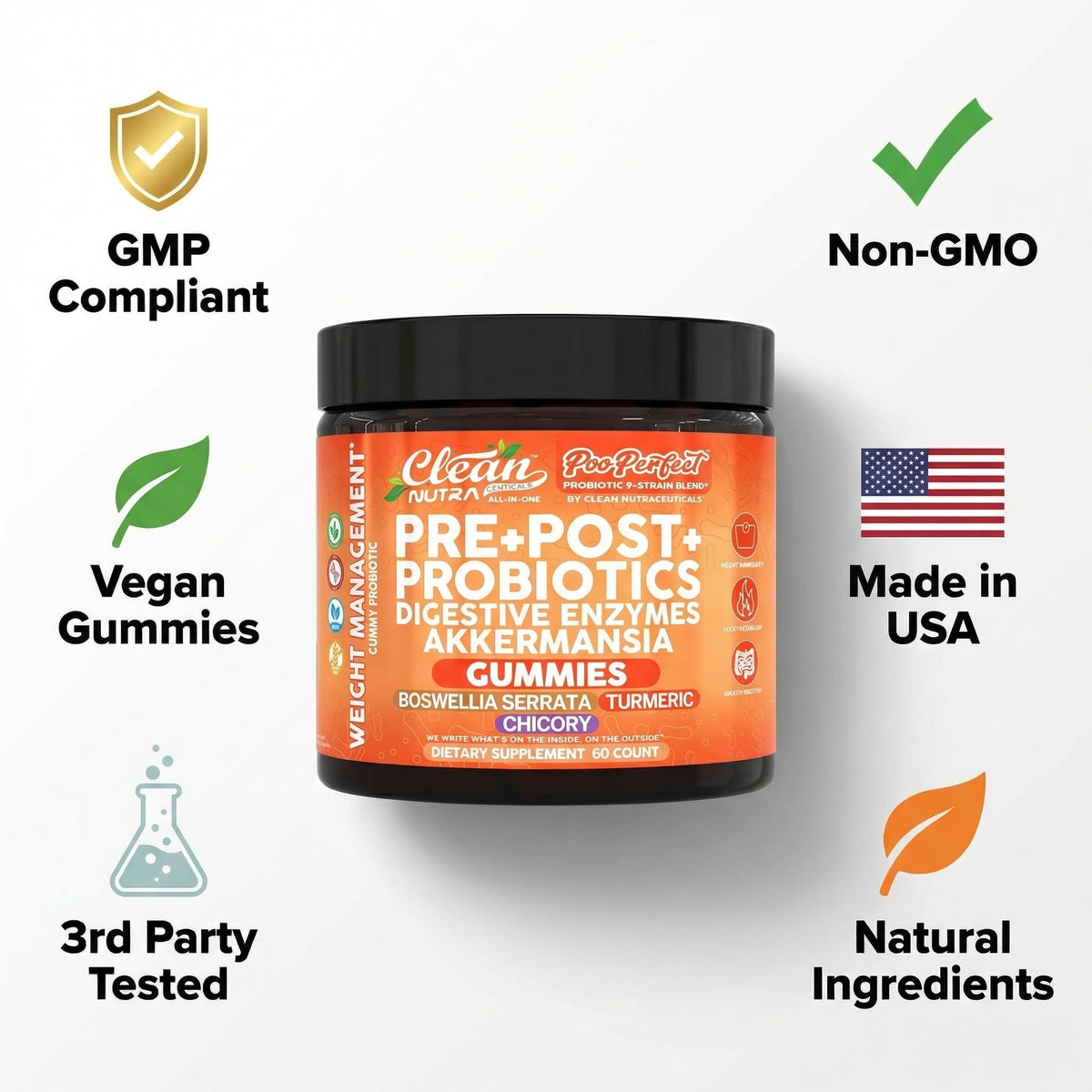 Clean Nutra Prebiotic Postbiotic Digestive Enzymes Gummies with Chicory Root, Boswellia Serrata, Turmeric, and Akkermansia - Pre+Post Probiotics Supplement
