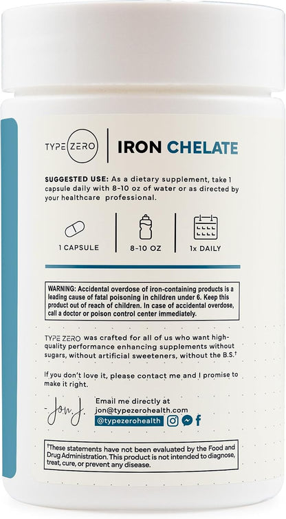 Type Zero Iron Chelate (18mg) 240 Capsules, Gluten-Free, GMO-Free - From Ferrochel Ferrous Bisglycinate Chelate