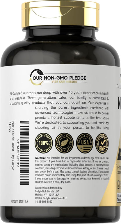 Carlyle Nitric Oxide Supplement 3000mg - 120 Capsules - with L-Arginine & L-Citrulline - For Men & Women - Pre & Post Workout - Non-GMO, Gluten Free