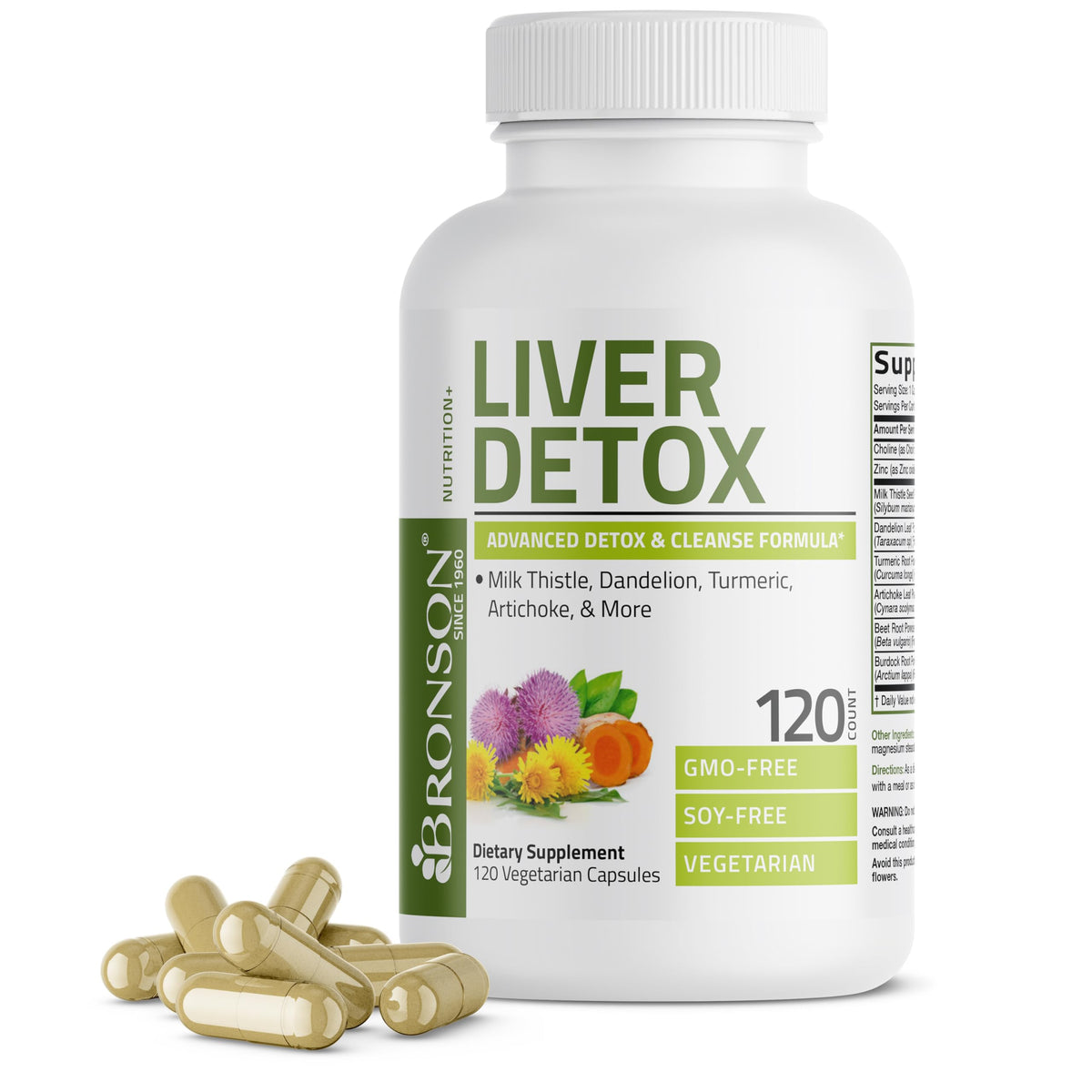 Bronson Liver Detox Advanced Detox & Cleansing Formula 60 Capsules - Liver Health Support with Milk Thistle, Dandelion Extract, Turmeric, Artichoke Leaf & Beet Root, Non-GMO, Soy-Free