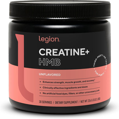 Legion Creatine HMB Powder - Micronized Creatine Monohydrate 5g with myHMB 2.5g - Unflavored Sports Nutrition Powder for Strength Training, Performance Support, and Post-Workout Recovery - 30 Servings