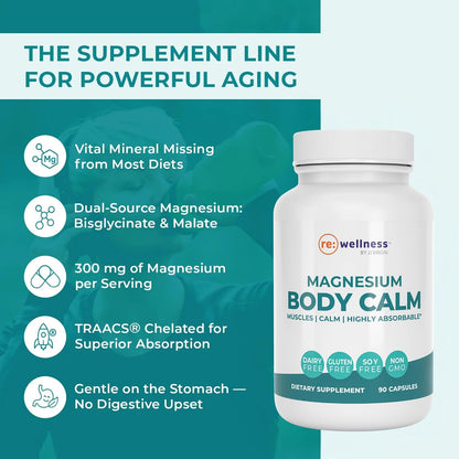 Reignite Wellness by JJ Virgin - Magnesium Body Calm - Chelated Magnesium Supplement for Energy Production, Sense of Calm & Immune Support - Magnesium Bisglycinate Chelate Complex - 120 Capsules