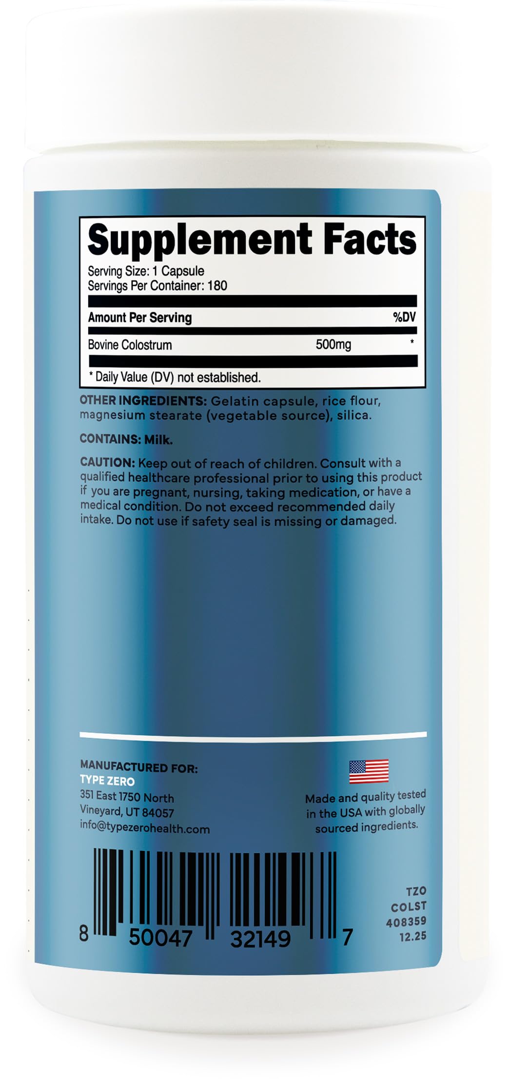Type Zero Colostrum Supplement (500mg) 180 Capsules, Bovine Sourced - Gluten-Free, GMO-Free